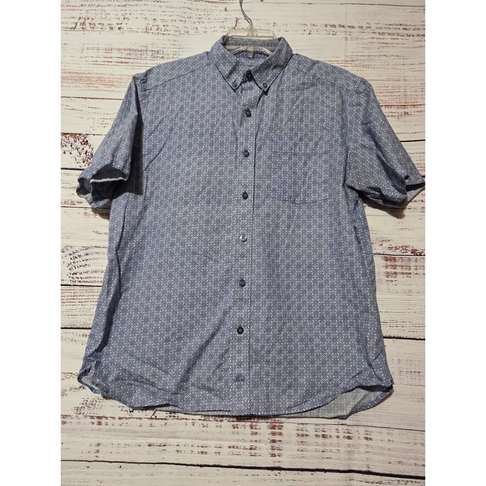 Johnston & Murphy Mens Blue Geometric Print Short Sleeve Button Down Shirt M